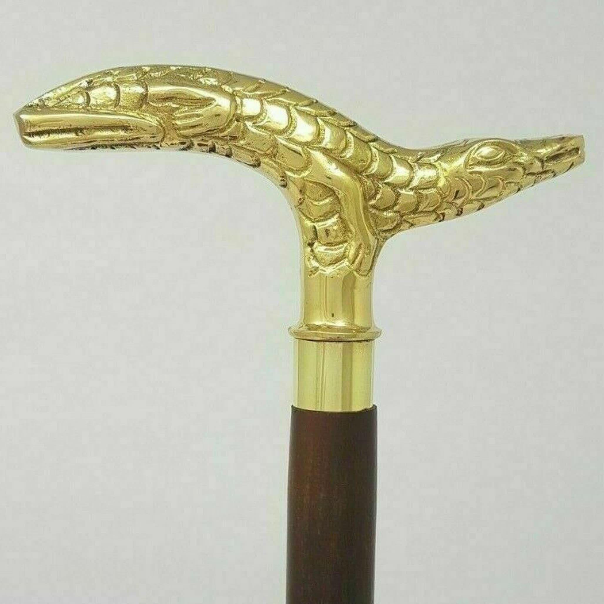 Bastone da passeggio in legno antico con manico in ottone coccodrillo, da passeggio in stile vintage, articolo regalo