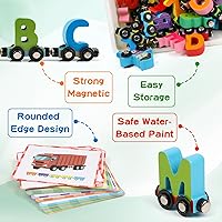 Vista 3 de Wondertoys Juguete de tren del alfabeto de madera, 27 piezas, letras magnéticas del alfabeto ABC, incluye 42 tarjetas flash, 1 motor y 1 caja