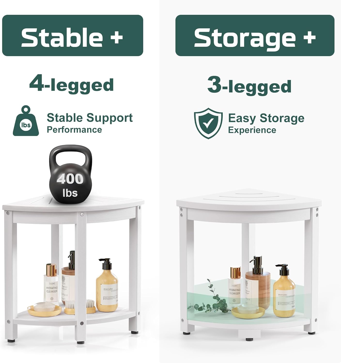 Waterproof Corner Shower Stool for Inside Shower, Poly Lumber Shower Bench Seat Chair, Bath Shower Stool for Shaving Legs Foot Rest with Storage Shelf, Adjustable & Non-Slip Feet, White