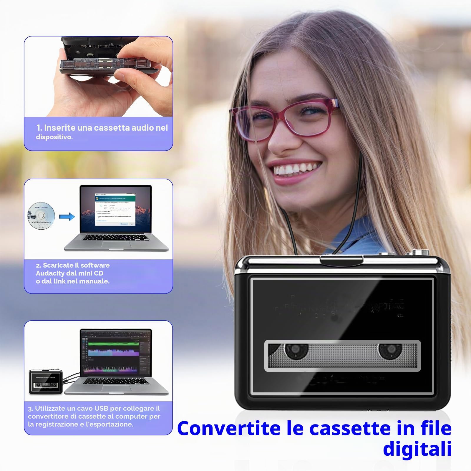 Lettore di Cassette Portatile, Converte in MP3, Compatibile con Computer, Riavvolgimento Automatico, Registrazione Digitale