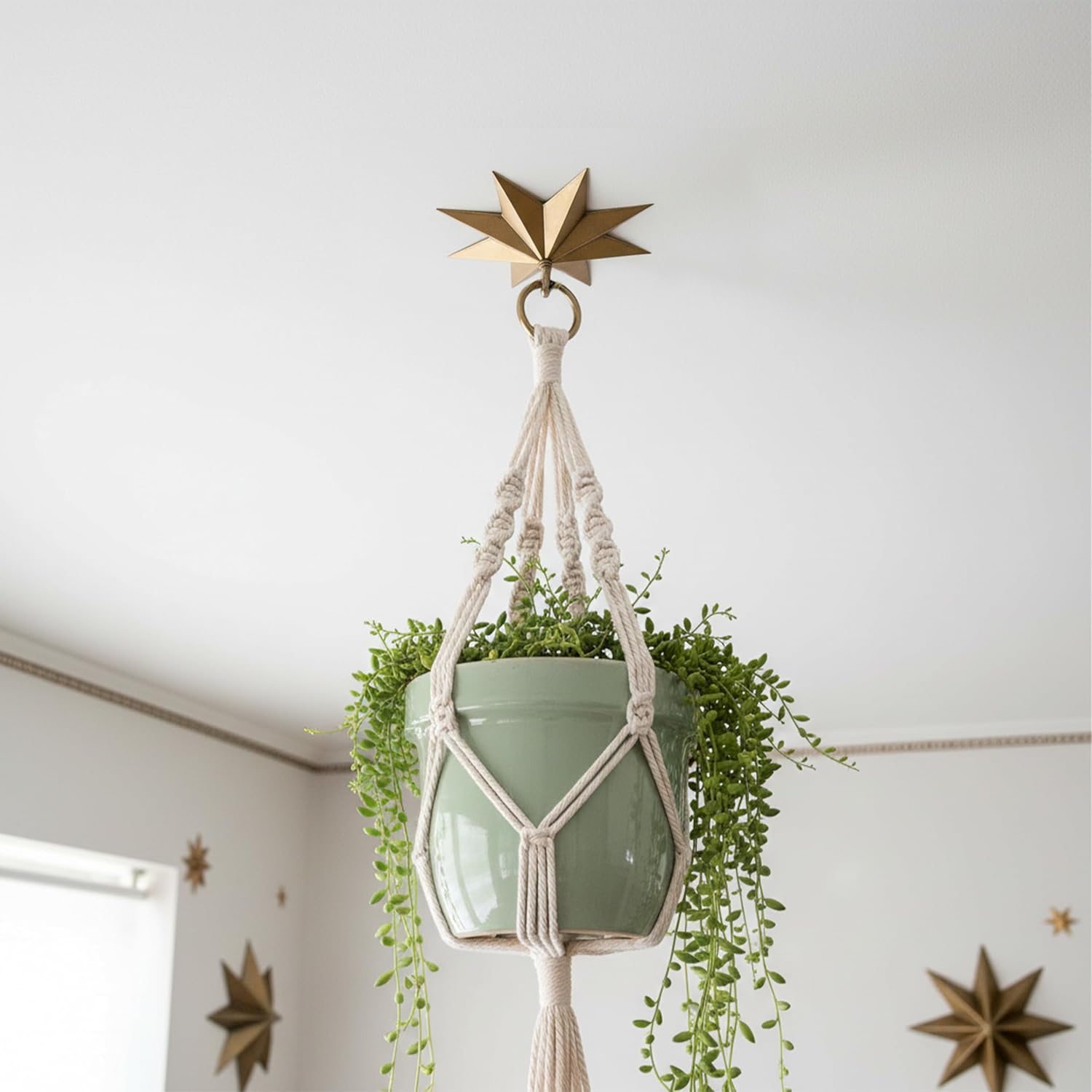 Stylor Whimsical Star Ceiling Hook for Hanging Planters - Celestial Witchy Brass Light Canopy Kit, Boho Vintage Gothic Room Decor, Antique Chandelier Mounting Kit (Medium)