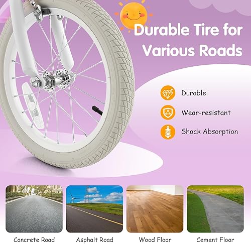 Miniatura 8 de HONEY JOY Bicicleta para niños, 14, 16, 18 pulgadas, con ruedas de entrenamiento, freno de mano y freno de posavasos, cadena totalmente cerrada,