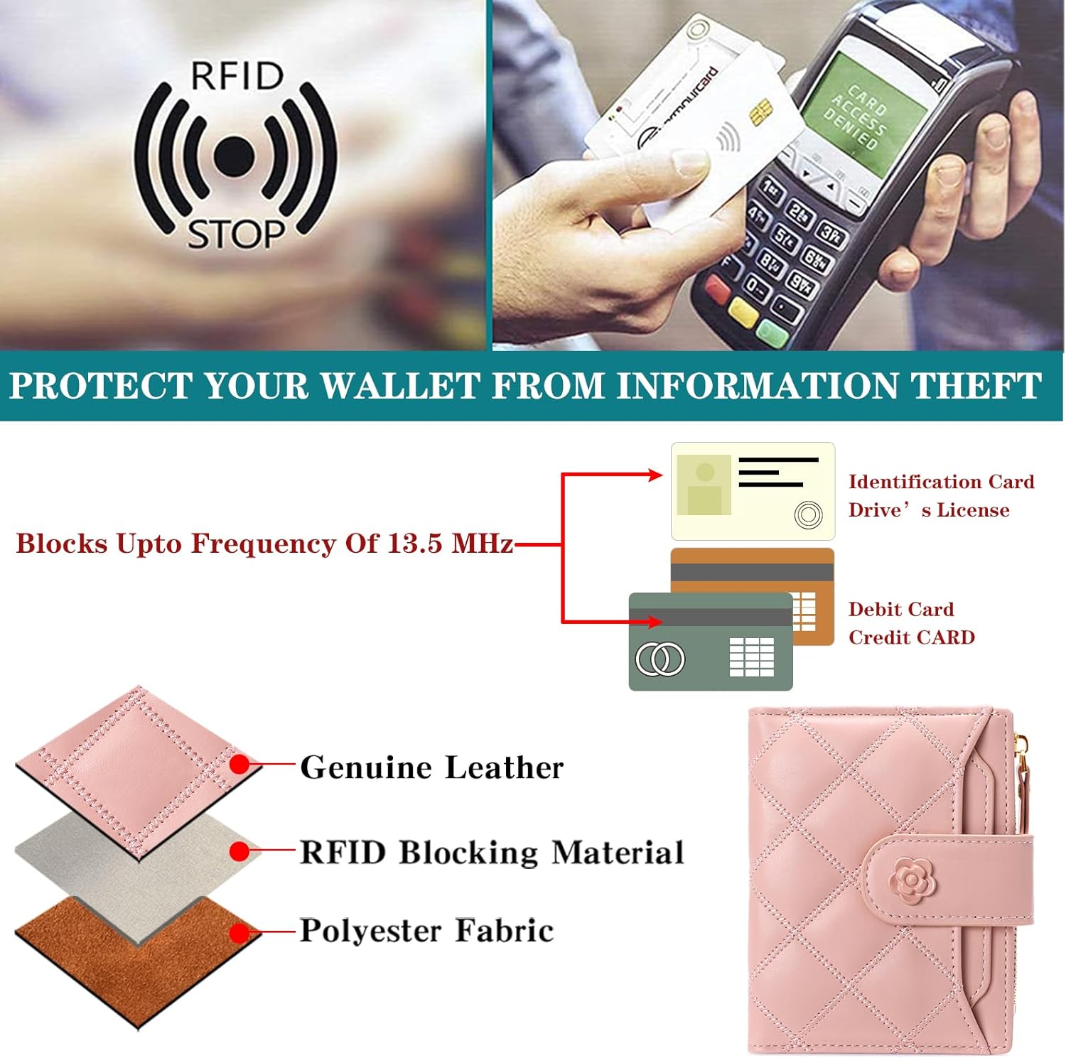Small Wallets for Women Leather Bifold Wallet Women RFID Blocking Purse Credit Card Holder with 15 Card Slots and ID Window Coin Pocket - Image 3
