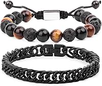 Vista 106 de Black Beaded Bracelets for Men Boys: 6mm Obsidian Onyx Lava Beads Mens Bracelet Set Mens Jewelry - Cool Anniversary Valentines Fathers Birthday
