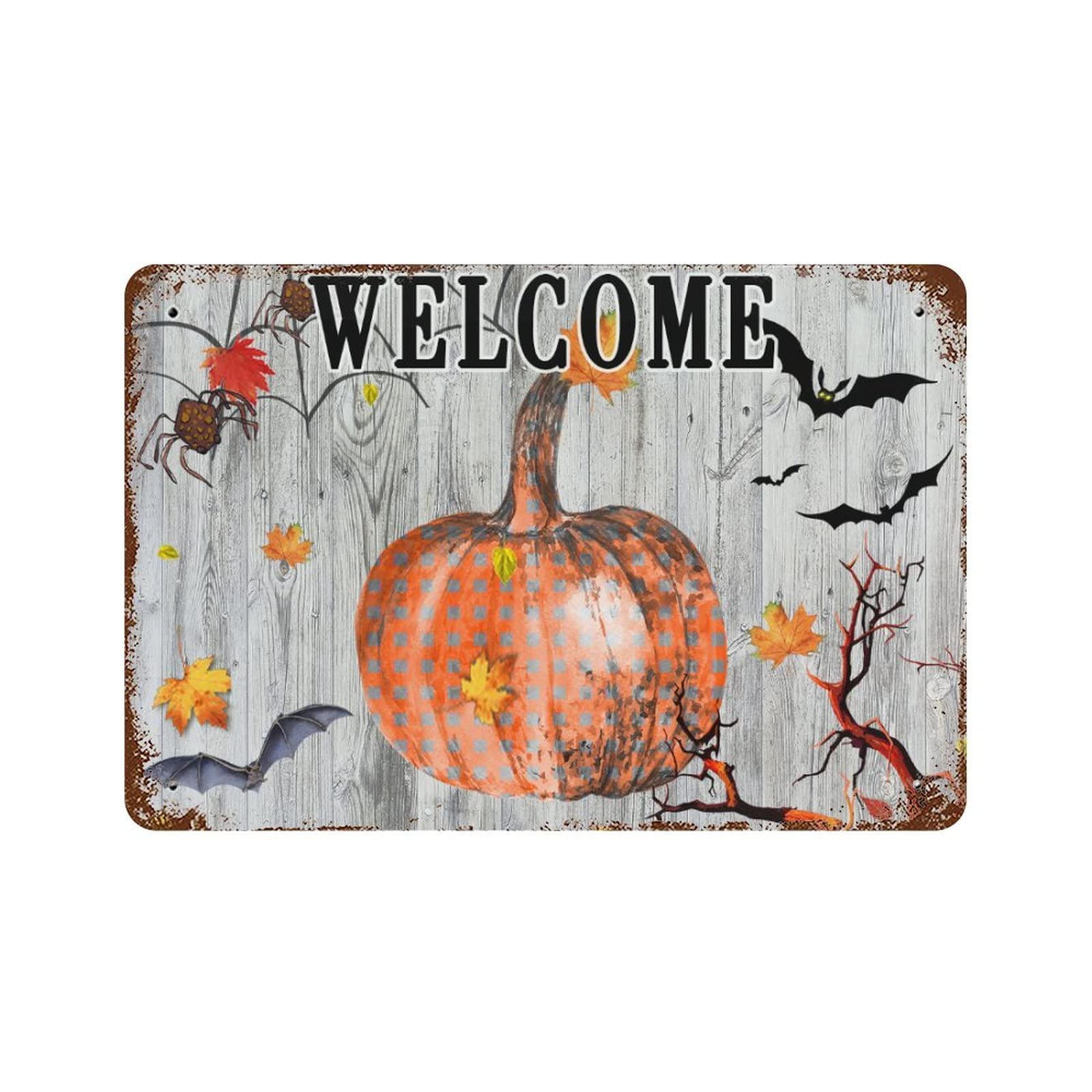 Panneau citrouille d'Halloween en métal rigide grand format 30x45 cm motifs chauves-souris noirs