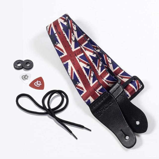 KLIQ Vintage Woven Guitar Strap for Acoustic and Electric Guitars + 2 Free Rubber Strap Locks, 2 Free Guitar Picks and 1 Free Lace | Terylene Printed Pattern Style | Union Jack