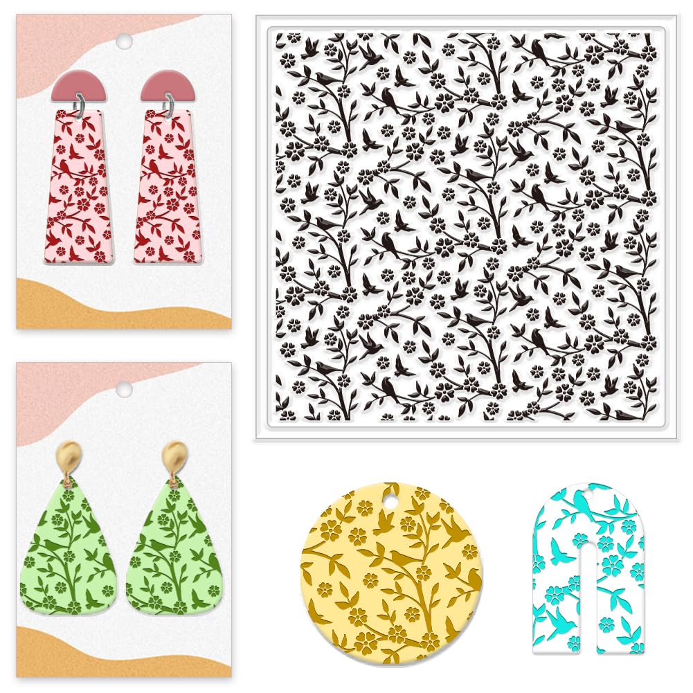 GLOBLELAND Bird and Flower Silicone Texture Stamp Sheet 5.5x5.5inch Leaf Transparent Clay Texture Stamp Mat Background DIY Clay Texture Pad for Making Earrings and Jewellery Polymer Clay