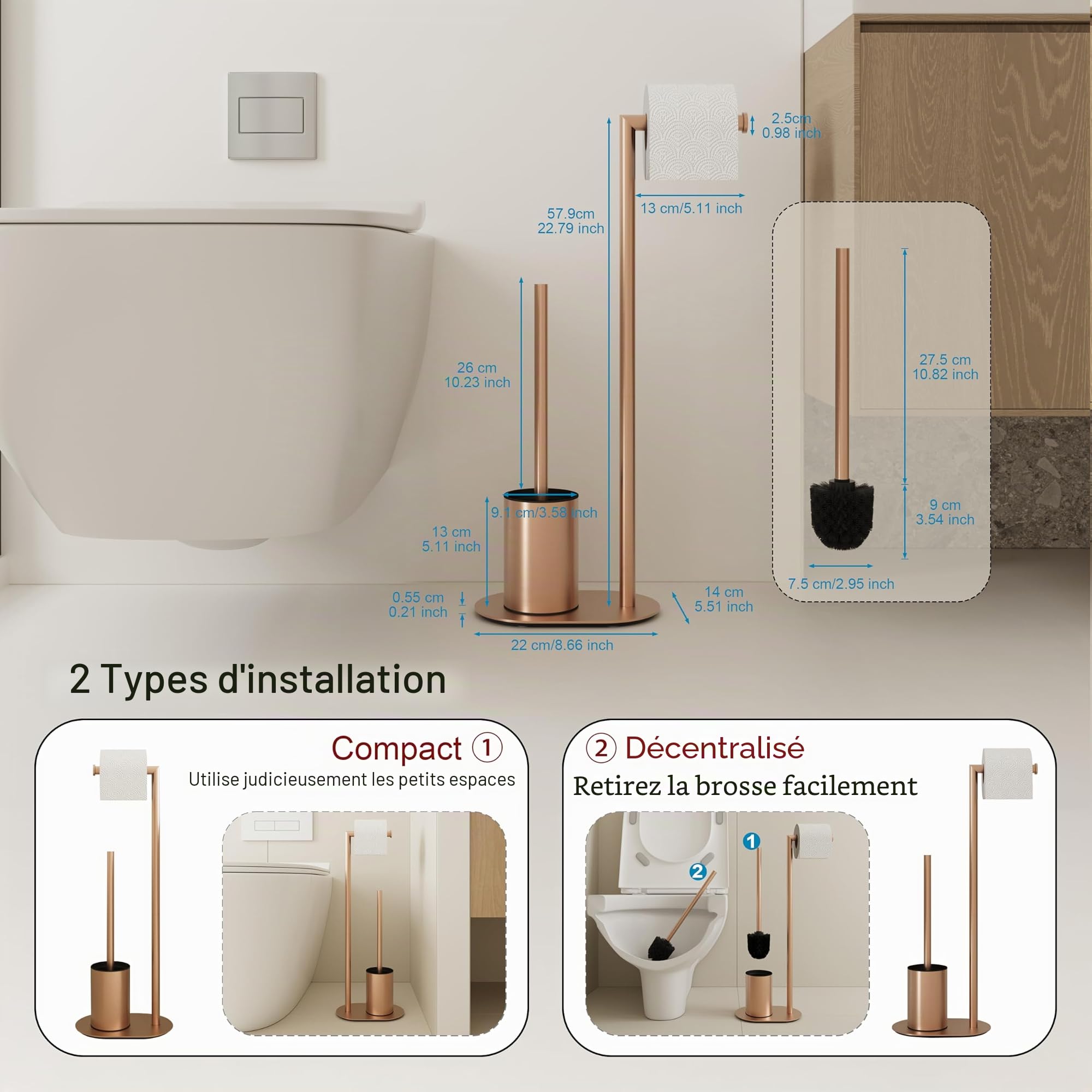 BVL Brosse WC en acier inoxydable or rose avec porte-papier toilette, brosse WC et porte-papier toilette debout
