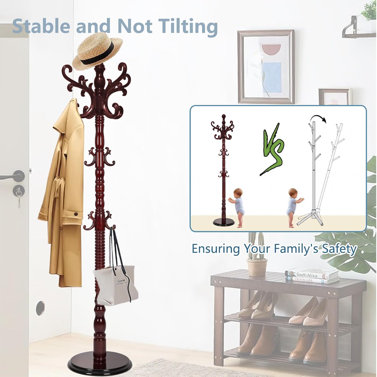 Wooden Coat Rack Stand, Coat Rack Freestanding with Sturdy Round Base, Adjustable Height Tree Coat Racks Stand for Home Bedroom Hallway Entryway Office