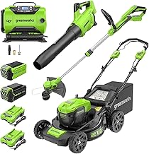 Greenworks 40V 21" Self-Propelled Lawn Mower,Axial Leaf Blower(500 CFM / 120 MPH),13" String Trimmer, 160 PSI Portable Tire Inflator, Includes 2 Batteries(5Ah+2Ah) & Chargers