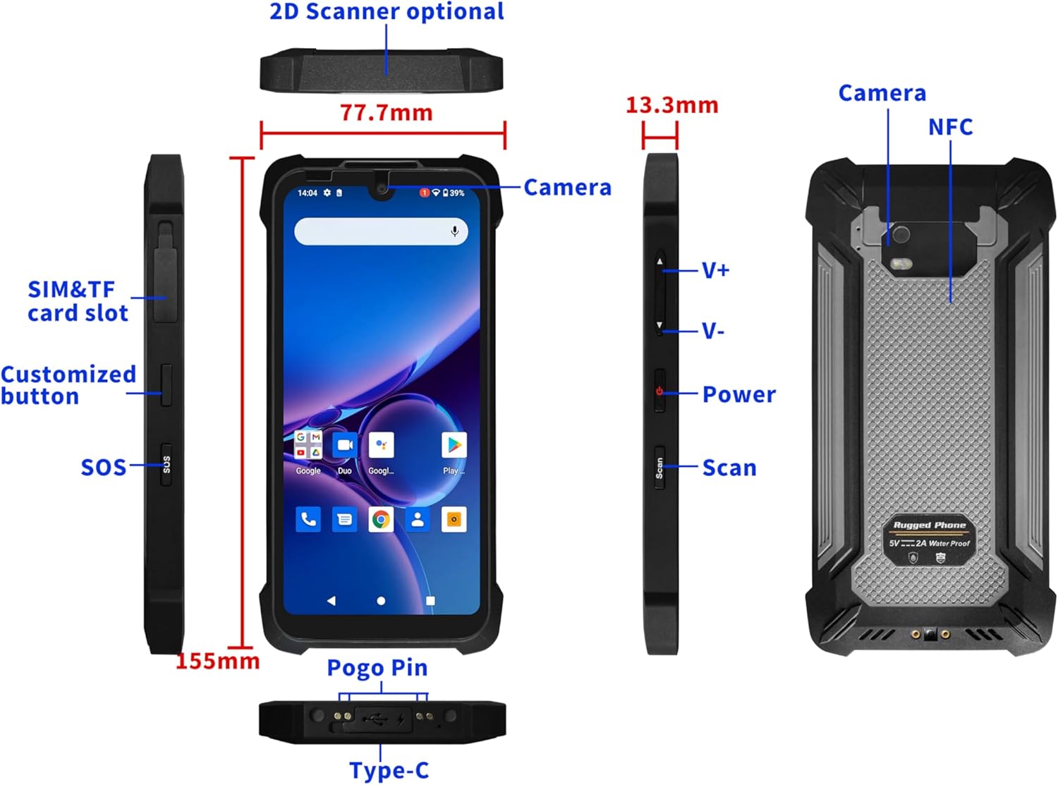 SM5 Rugged Handheld Terminal with Barcode Scanner, 5.7" Android 11 Rugged Phone w/NLS-N1 Scan Engine, 1D/2D QR Inventory Scanner, 6GB+128GB, IP68 Waterproof Industrial PDA (Gray-6+128GB, w/2D)