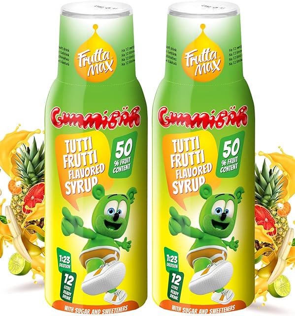 2 Pack - FruttaMax - Koncentrat Syropu Owocowego | Mniej cukru | z 50% zawartością owoców | Nadaje się do automatu sodowego (2 x 500 ml) (2 x Gummibar Tutti-Frutti)