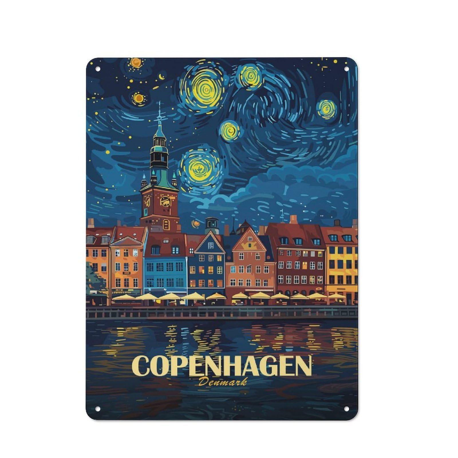 Junmoney Style-15 For Living Room Wall, Copenhagen, Denmark, Starry Night Style Rustic Metal Wall Sign 40X30cm, For Vintage Wall Decor Fans, For Garage And Workshop Walls