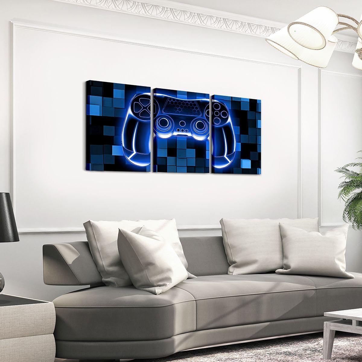 Game Canvas Wall Artwork Decor,Pixelated Square Patchwork Gaming Wall Painting for Kids Girls Boys,Miners Neon Lights Geometric Poster Pictures,Blue 3 Pcs Framed Canvas Wall Art image 3