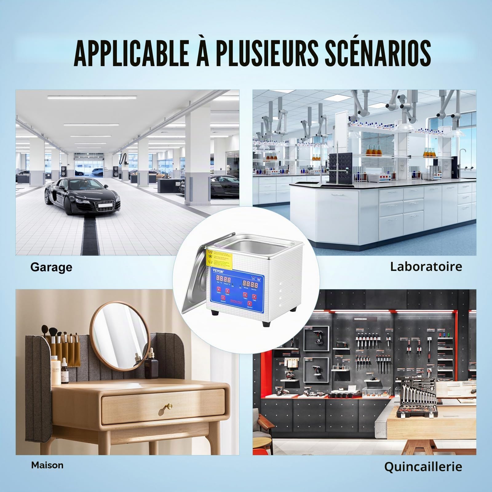 VEVOR Nettoyeur à Ultrasons 1,3 L Machine de nettoyage à ultrasons en acier inoxydable, minuterie de chauffage numérique, nettoyage de bijoux pour usage domestique personnel commercial
