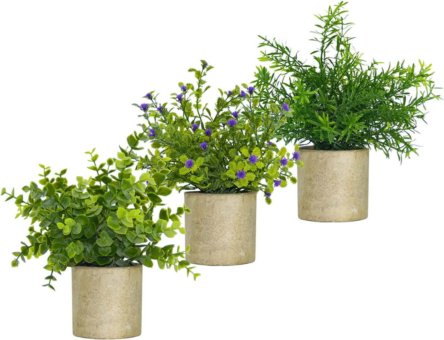 NEW RUICHENG Mini Potted Artificial Eucalyptus Plants 3 Pack Set Gypsophila Rosemary Greenery in Pots Small Fake Plant Plastic Flower (Deep Green)