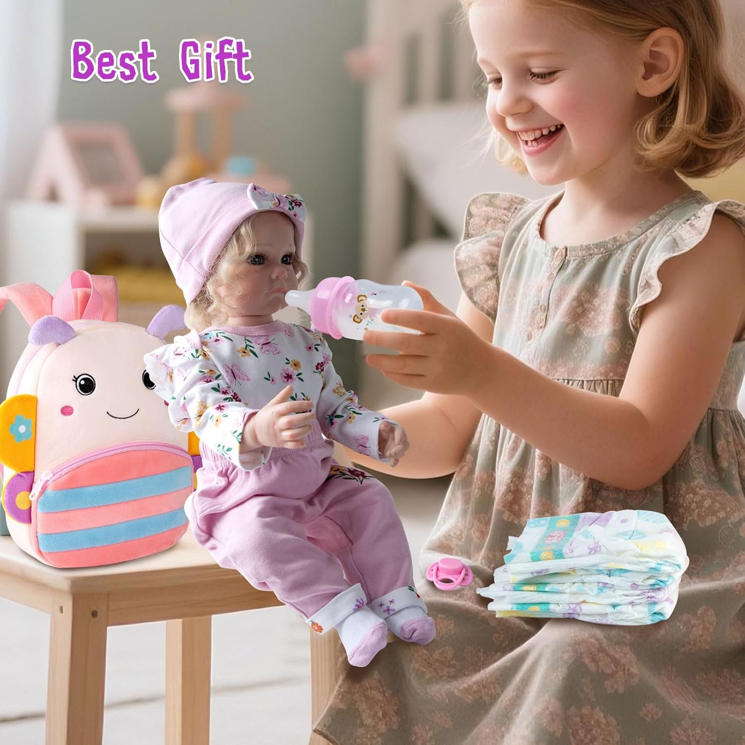 12Pcs Reborn Baby Doll Accessories Set, 17-22 Inch Girl Doll Clothes Pink Floral Outfit Newborn Baby Realistic Baby Doll Clothing and Accessories Cute Diapers Bag