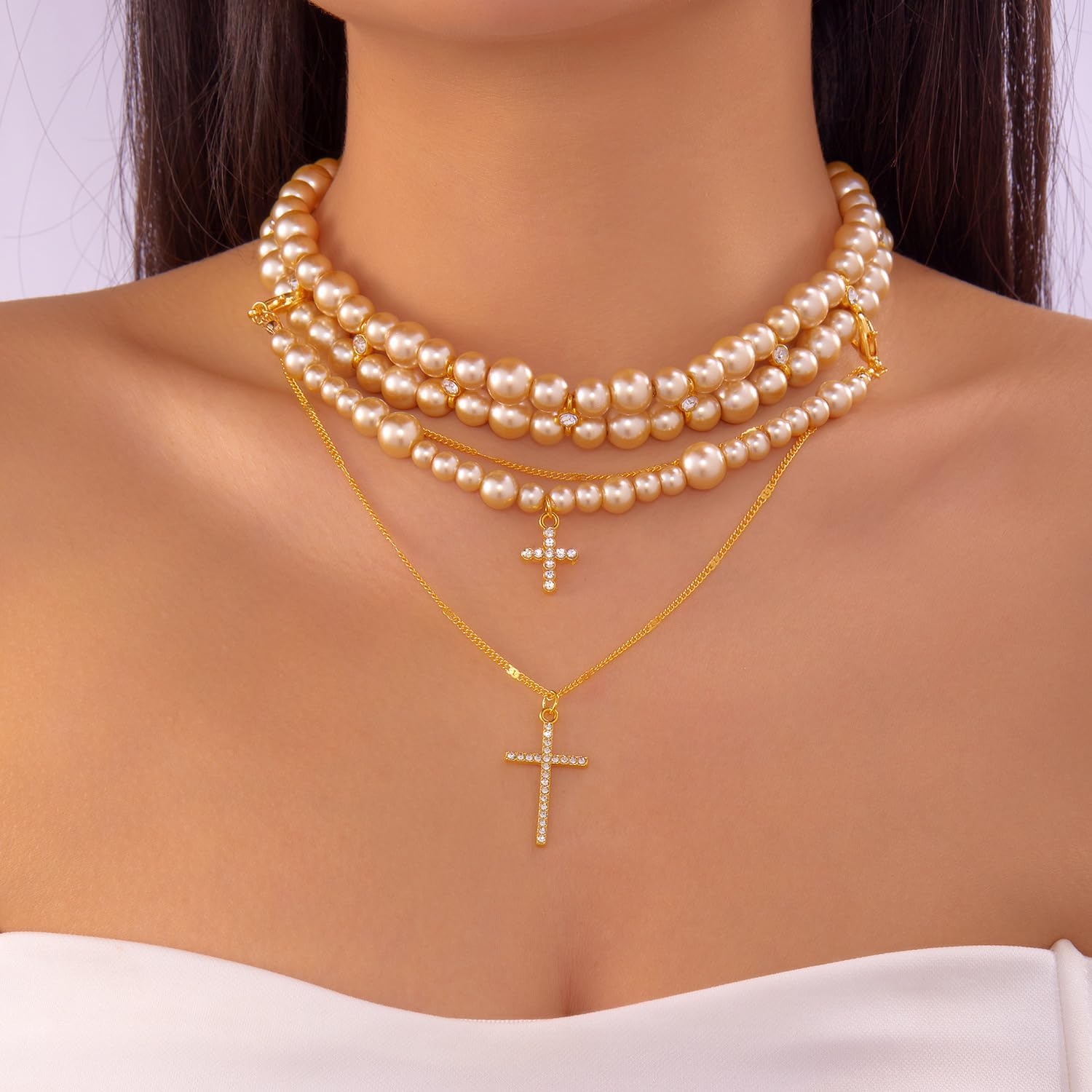 Layered Pearl Necklace Statement Gothic Pearl Cross Necklace Chunky Stacked Rhinestone Pearl Necklace for Women Girls