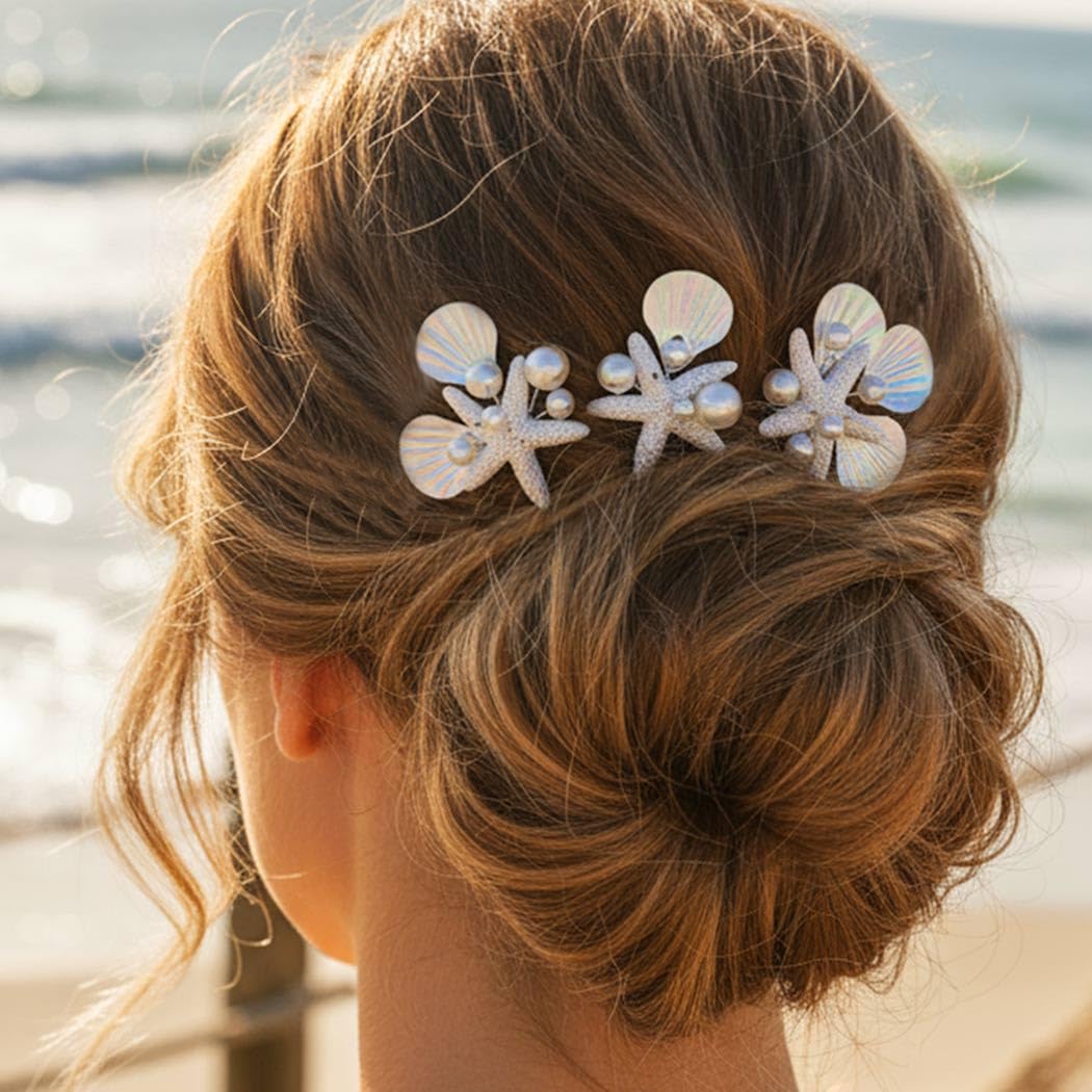 HEREAD Starfish Mermaid Hair Pins Silver Seashell Hair Accessories Beach Pearl Hair Pieces for Women and Girls (Pack of 3) (Silver) - Image 3