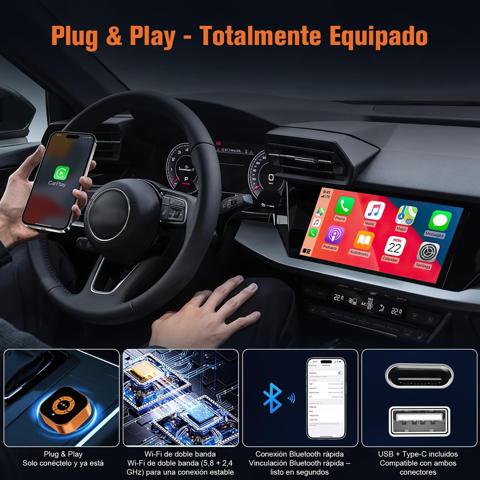 Adaptador CarPlay Inalámbrico 4 en 1: CarPlay Sin Cables y Android Auto Wireless AirPlay y Miracast - WiFi Doble Banda 2,4/5 GHz - Conexión Automática Plug & Play para Coches con CarPlay por Cable