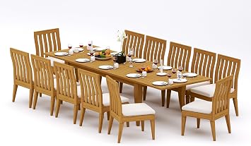 12 Seats 13 Pcs Grade-A Teak Wood Dining Set 122" Atnas Double Extension Rectangle Table and 12 Caranas Armless Chairs #11Ca2800