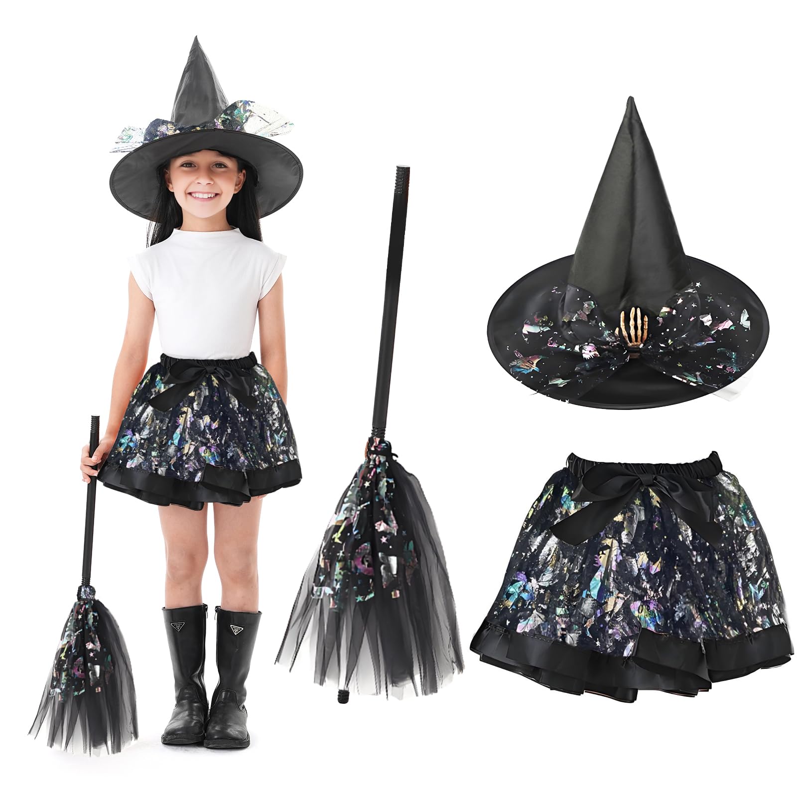 BINXWA Halloween hexenkostüm kinder,3 Stück hexenkostüm mädchen,enthält orange schwarzer tüllrock,hexenhut,hexenbesen kinder,halloween kostüm Geeignet für Halloween,Show,Cosplay