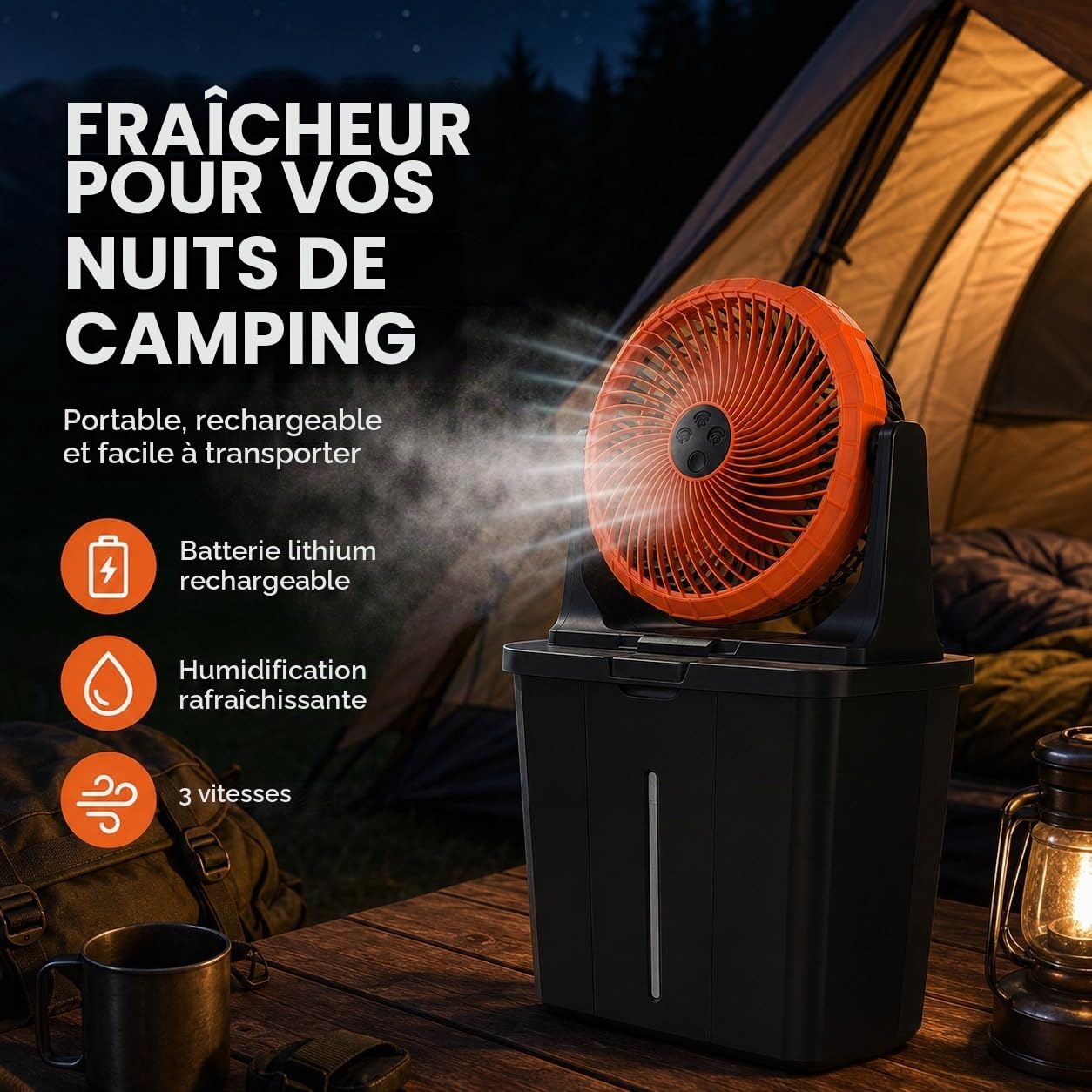 Ventilateur brumisateur rechargeable 10 W, réservoir de 9 L, 3 vitesses et 3 niveaux de brumisation, batterie rechargeable 16 000 mAh, USB-C, idéal pour la terrasse, le camping et la maison.