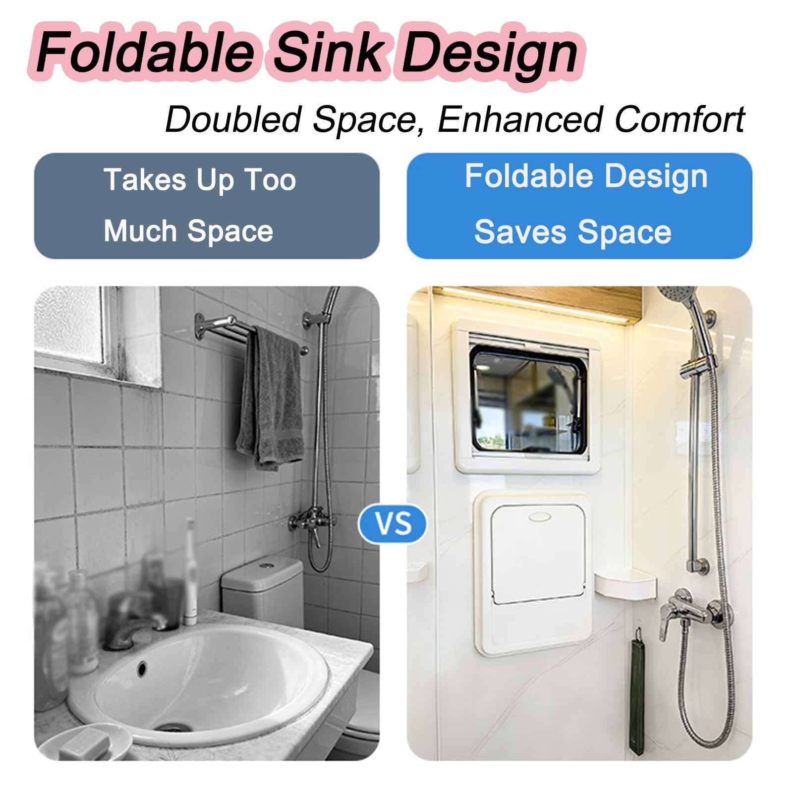 Fregadero Camper de Acrílico, Lavabo Caravana Plegable con Grifo de Agua Fría y Caliente, Diseño de Drenaje Rápido, Lavamanos para Baño y Cocina de Caravanas