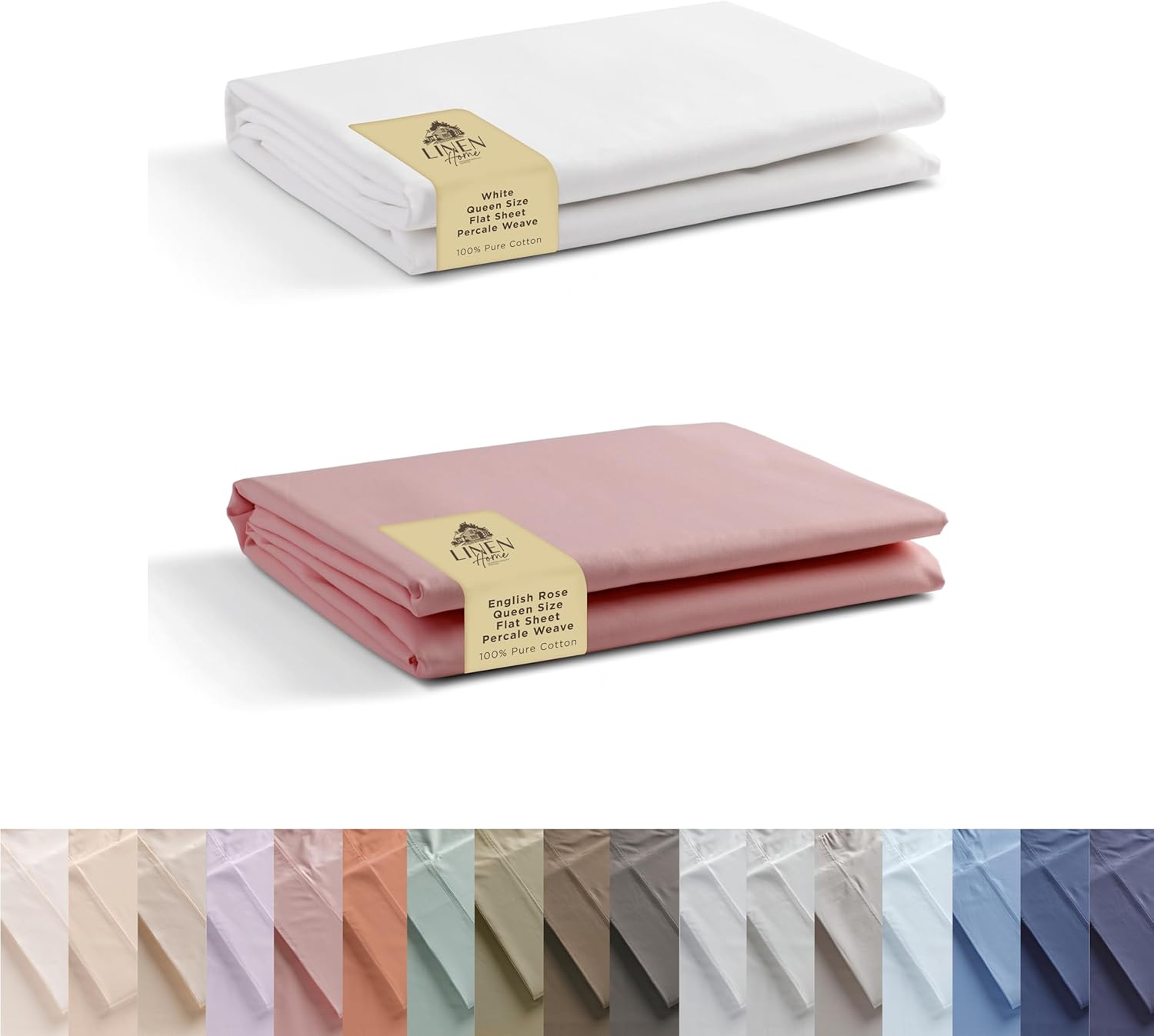 100% Cotton Combo Percale Flat Sheets Queen Size, White & English Rose, 2 Flat Sheet- Crisp, Cool and Strong Bed Linen, Luxury Breathable Sheet