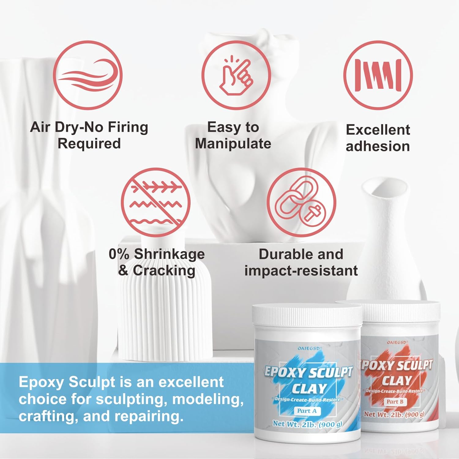 4 Pound White Epoxy Putty Sculpt Clay, 2 Part (A & B) Modeling Compound for Sculpting, Modeling, Building, Repairing, Self-Hardening Epoxy Clay Easily Repairs Metal, Wood, Tile, Ceramics, Plastic