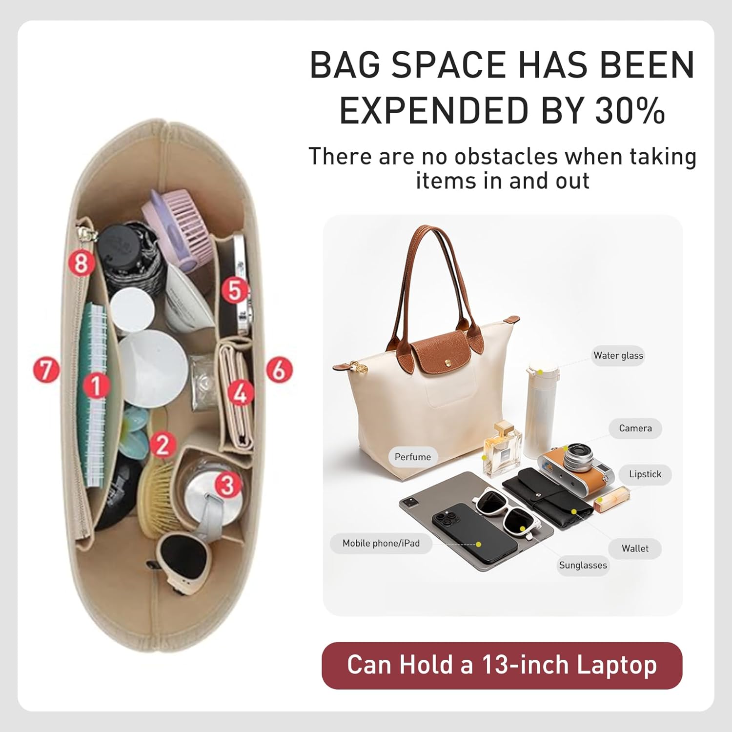 Felt Purse Organizer Insert Compatible with Longchamp Le Plaige M Tote Bag(Longg Handle), Zipper Long Champ Medium Organizer with Cup Holder, 8 Compartments Bag Insert(Beige,M) - Image 3