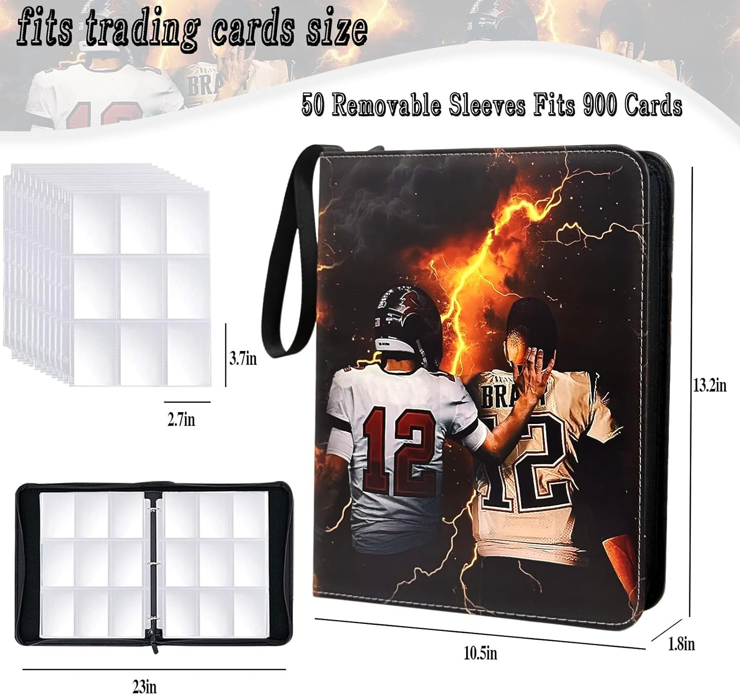 Football Card Binder - 900 Capacity 9-Pocket Trading Card Album, 3 Ring Card Holder Binder, Waterproof PU Leather, Zip Closure, Perfect Christmas Birthday Gift for Kids & Collectors
