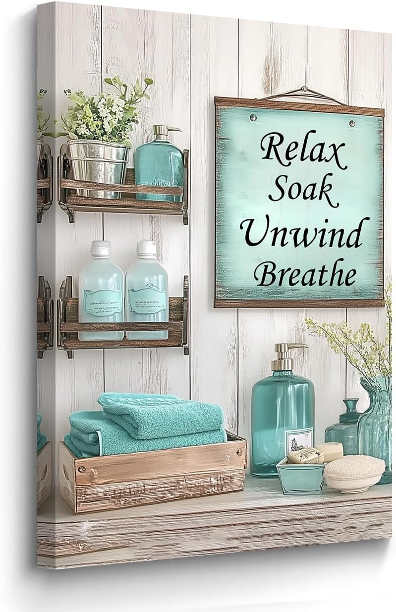 BJYCHG Teal Bathroom Wall Art Turquoise Wall Decor Rustic Bathroom Signs Canvas Prints Farmhouse Flowers Bottles Painting Picture Toilet Decor Framed (Teal, 20L x 16W)