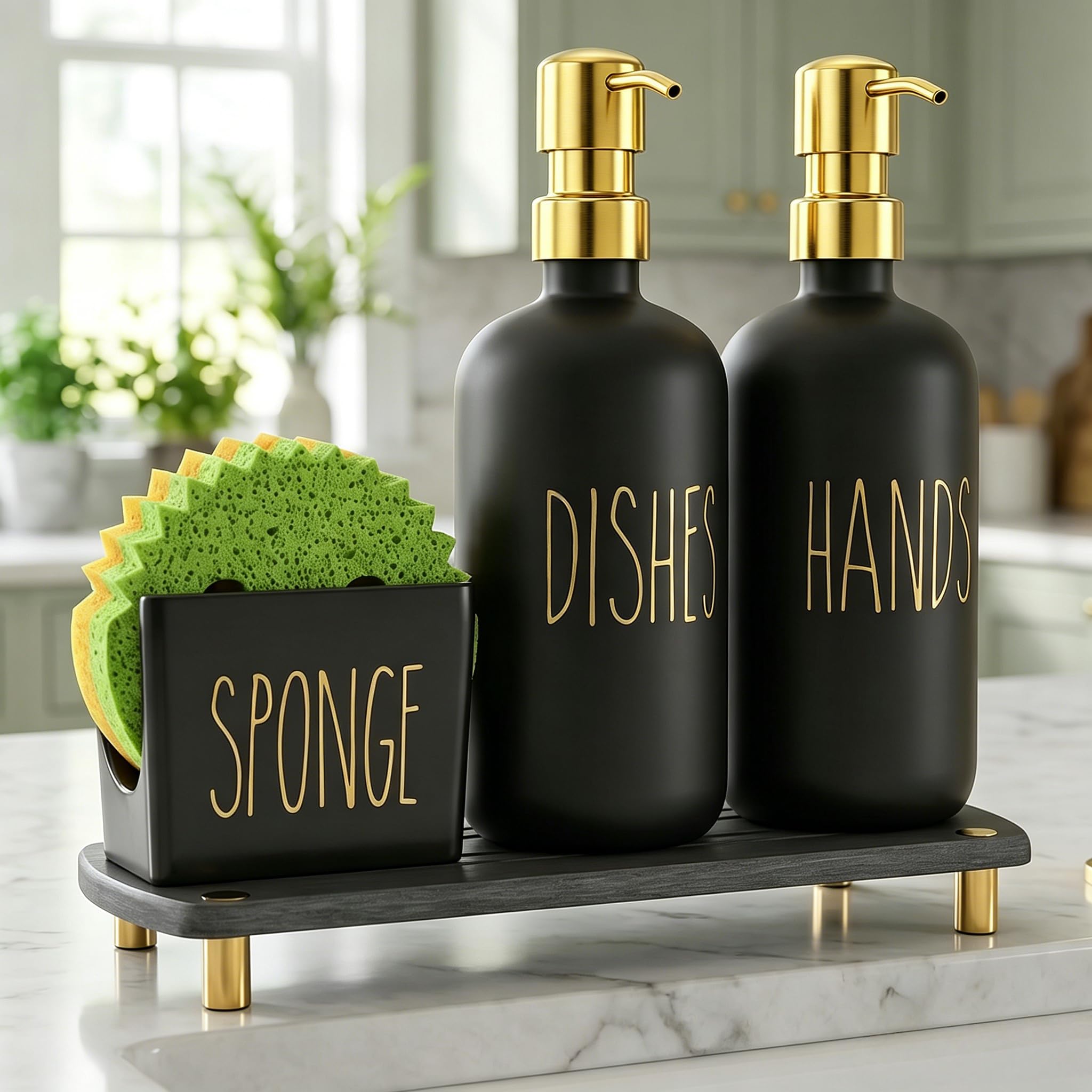 Cisily Kitchen Soap Dispenser Set Comes with Ceramics Sponge Holder, Gold Pumps, and Instant Dry Tray, Hand and Dish Soap Dispenser Set (4, Gold + Black + Sponge Holder)