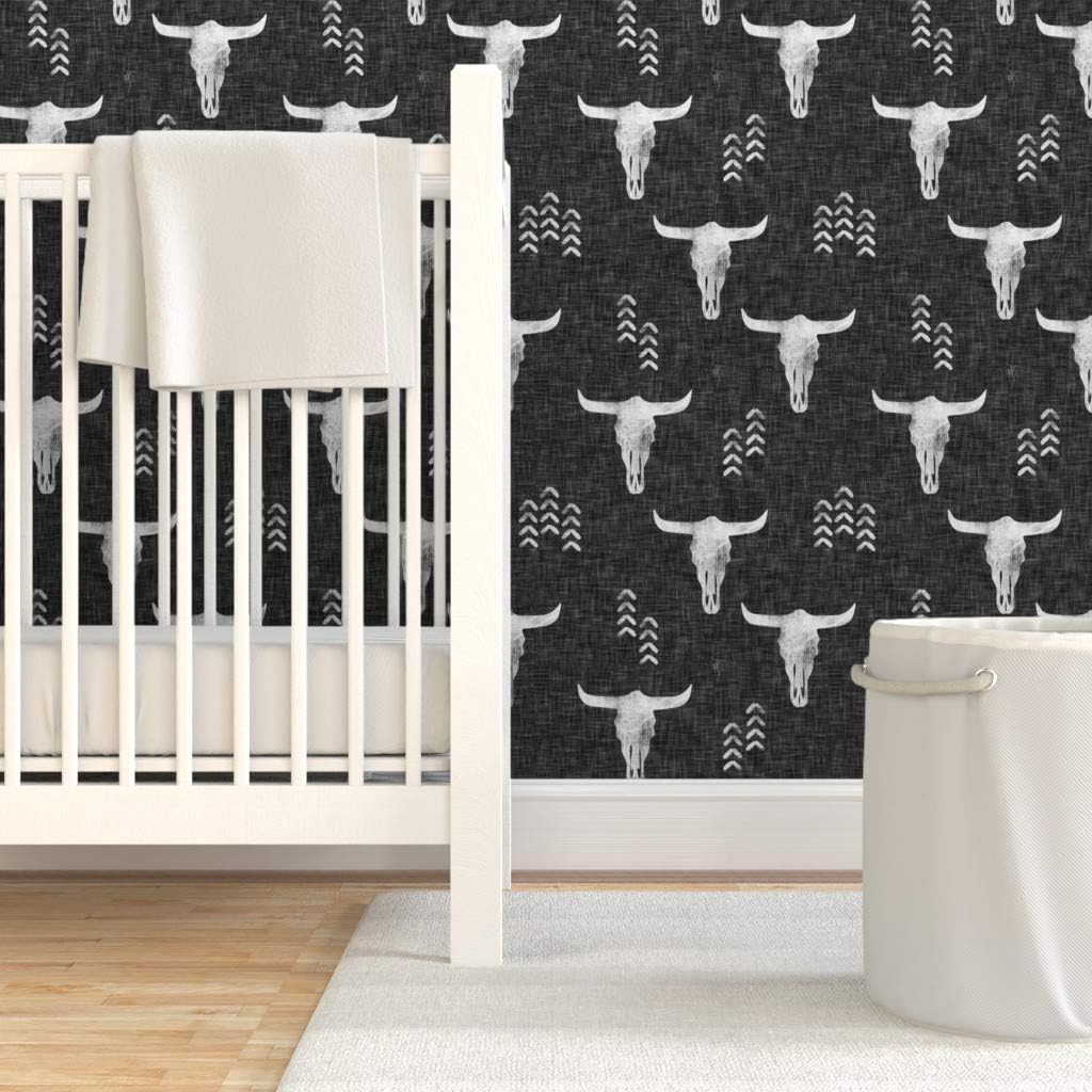 Removable Wallpaper 6ft x 2ft - Desert Skulls Boho Southwest Inspired Bull Cow Gray Bohemian Custom Pre-Pasted Wallpaper by Spoonflower