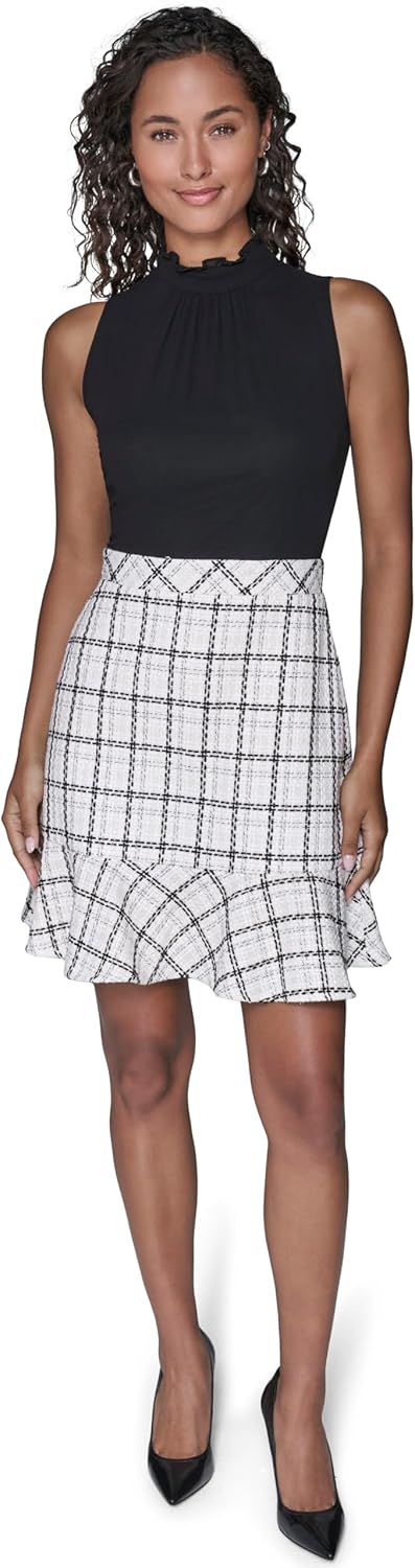 Karl Lagerfeld Womens Long Sleeve Metallic Plaid Tweed A-line Dress - Image 2