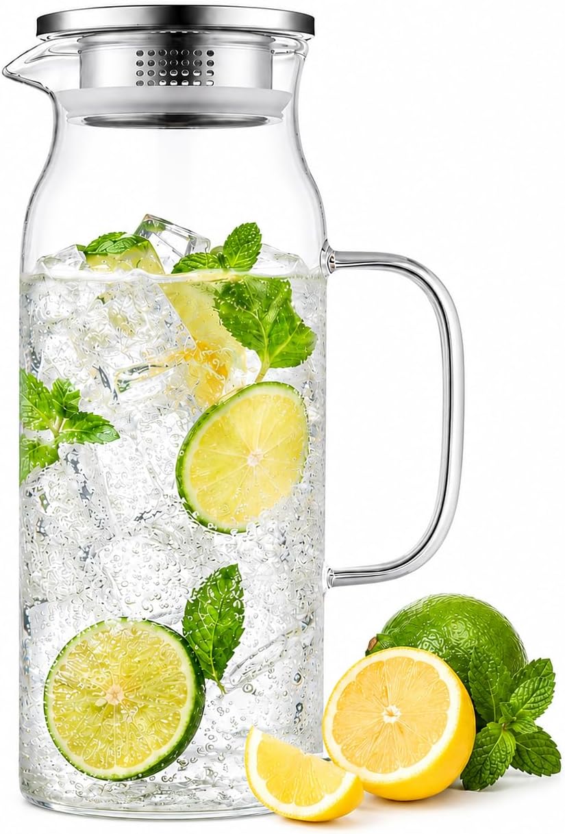 Glass Pitcher with Lid and Handle, Large Capacity Glass Water Pitcher, Heat Resistant Pitcher for Hot & Cold Brewed Beverages, Homemade Drinks