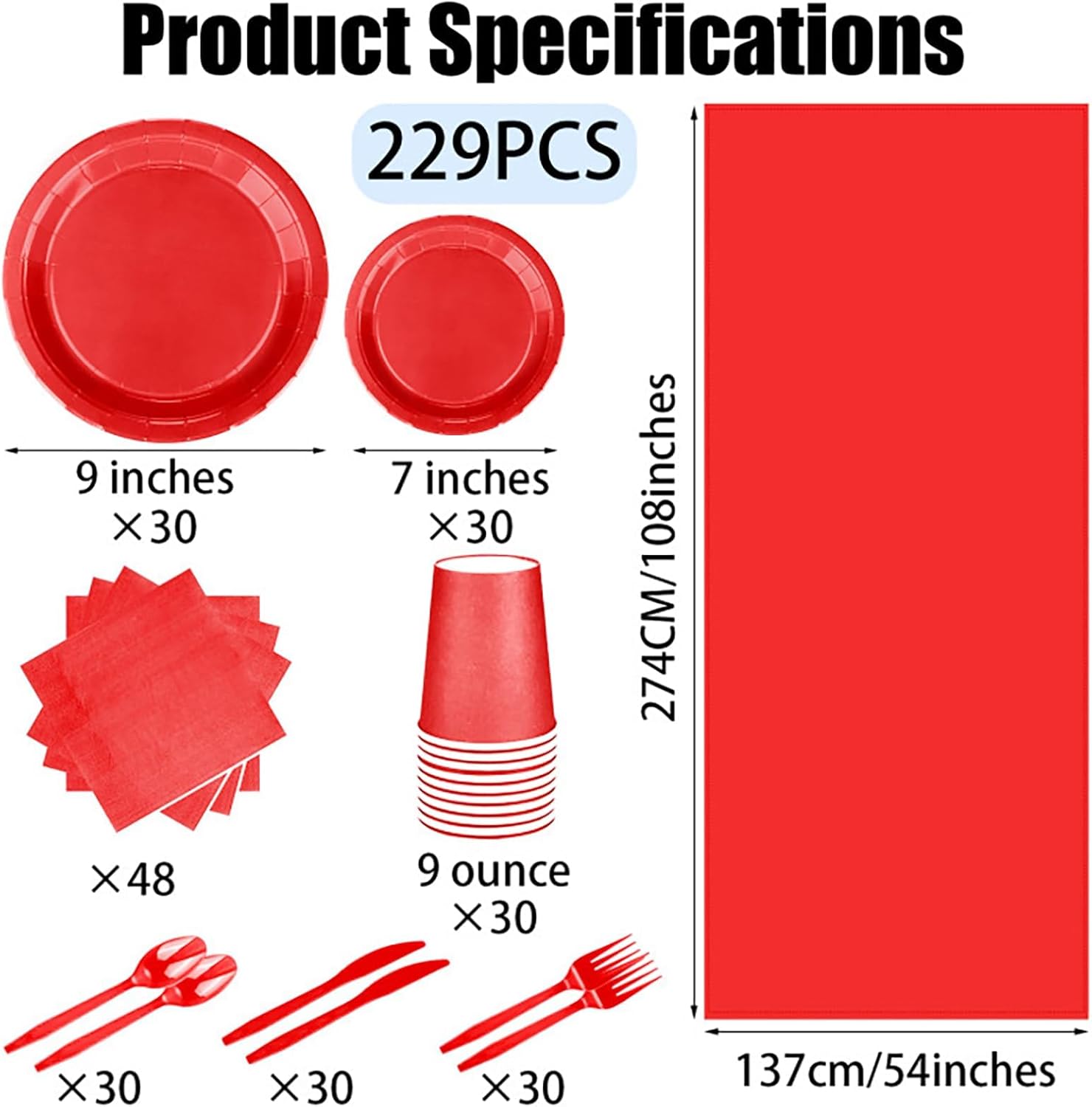 TWOWYHI 229PCS Red Party Supplies Set Paper Disposable Plates Cups Plastic Spoons Forks Knives Red Napkins for 30 Guests Disposable Party Dinnerware Sets for Wedding Birthday Parties - Image 2