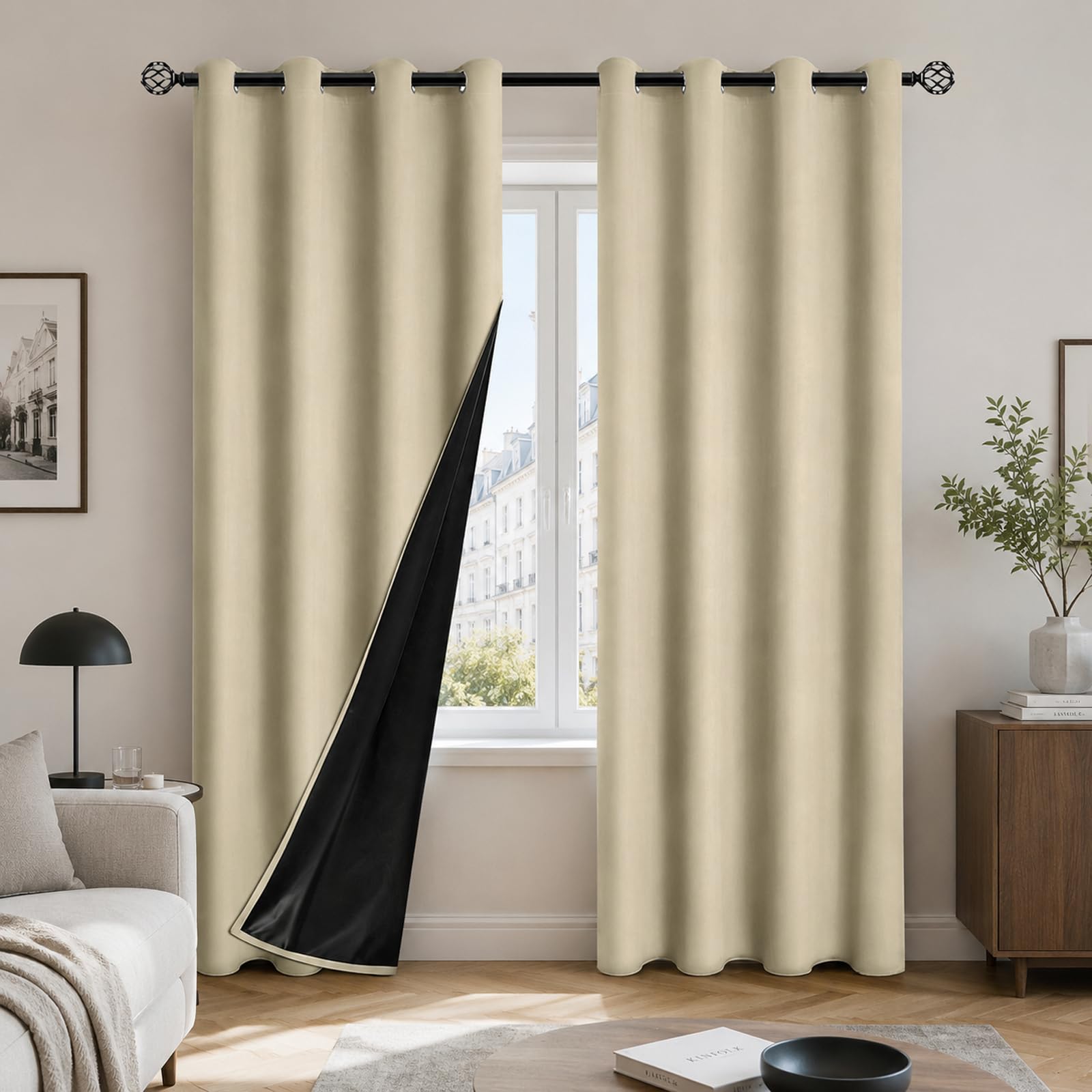 SSWH Blackout Curtains Thermal Insulated Eyelet Curtains with Black Liner, Full Light Blocking Room Darkening Window Drapes for Bedroom Living Room(Size:132x160cm/52 W x 63" L(2 Panels),Color:Beige)