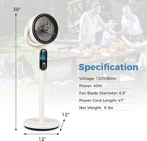 COSTWAY Oscillating Pedestal Fan, Quiet Standing Fan with 8 Speeds, Remote, 12H Timer, 21-38 Adjustable Height and LED Display, Air Circulator with Auto Oscillation, Floor Fan for Bedroom, White