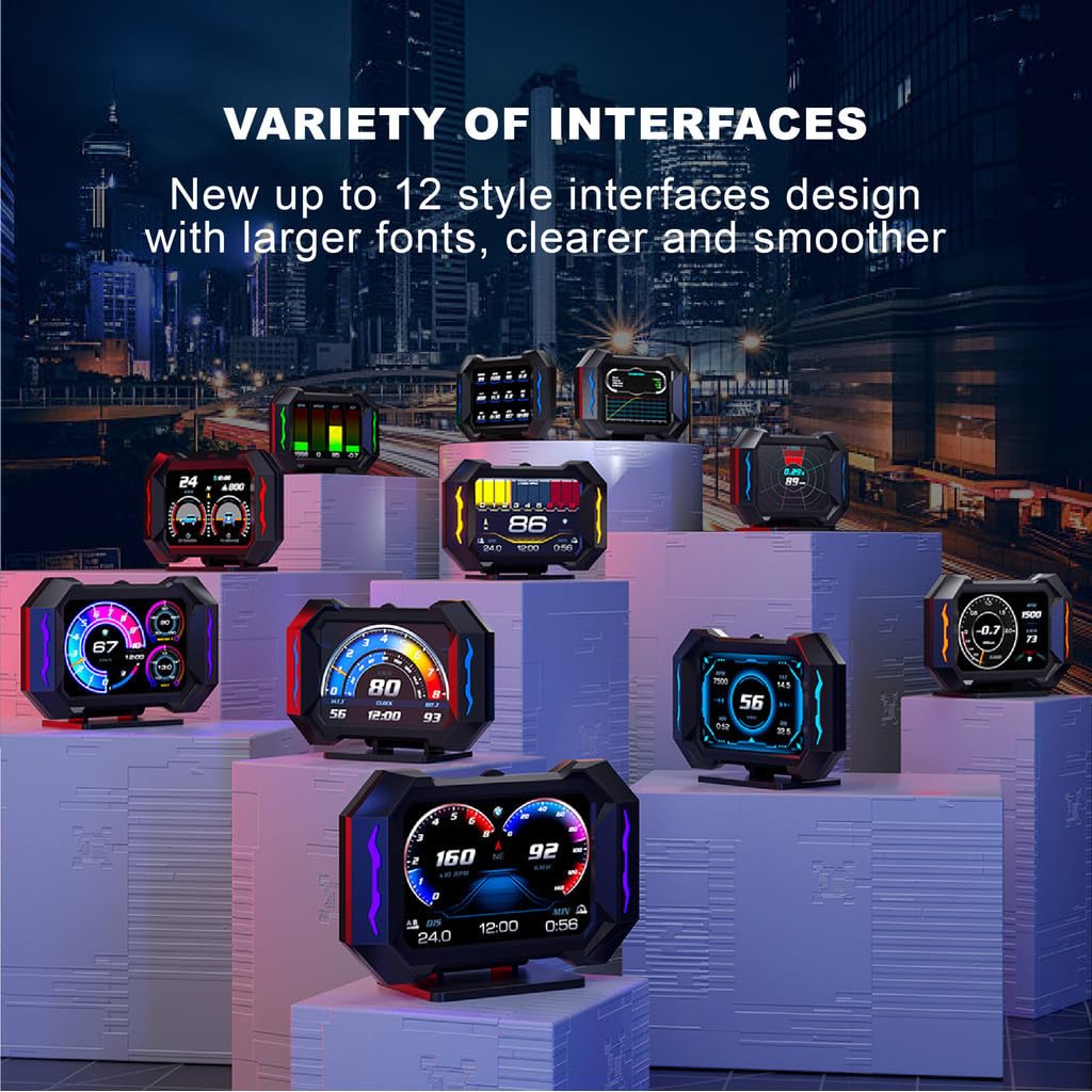 OTPerformance OTP-P25 OBD2 Car HUD Head Up Display Display Tachometer Multi-Function Digital OBDII GPS Speedometer Car Speed MPH Altitude Driving Direction Slope Meter Universal All