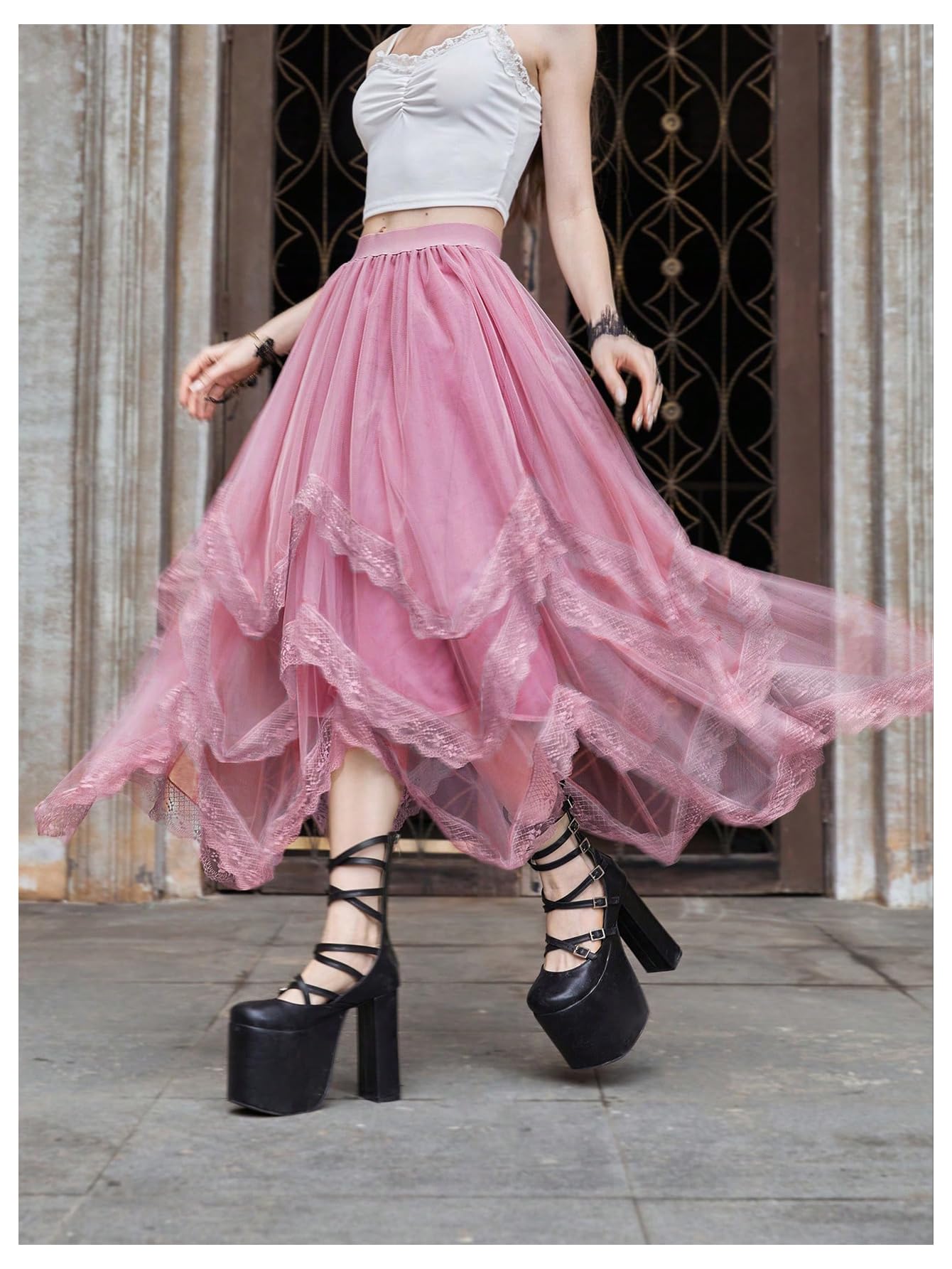 SHENHE Women's Lace Trim Layered Mesh Tulle Skirt High Waist Asymmetrical Long Goth Skirt: X-Small Light Pink