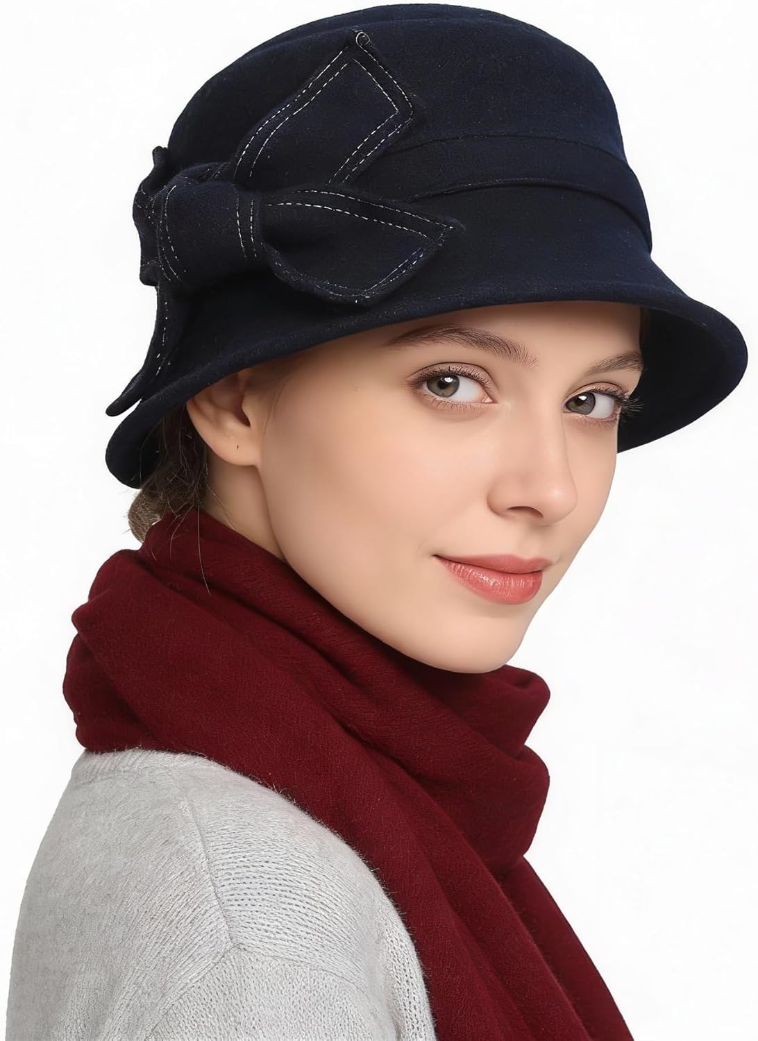 Women Felt Bucket Hat Vintage Floral Wool Dress Winter Hats - Image 2