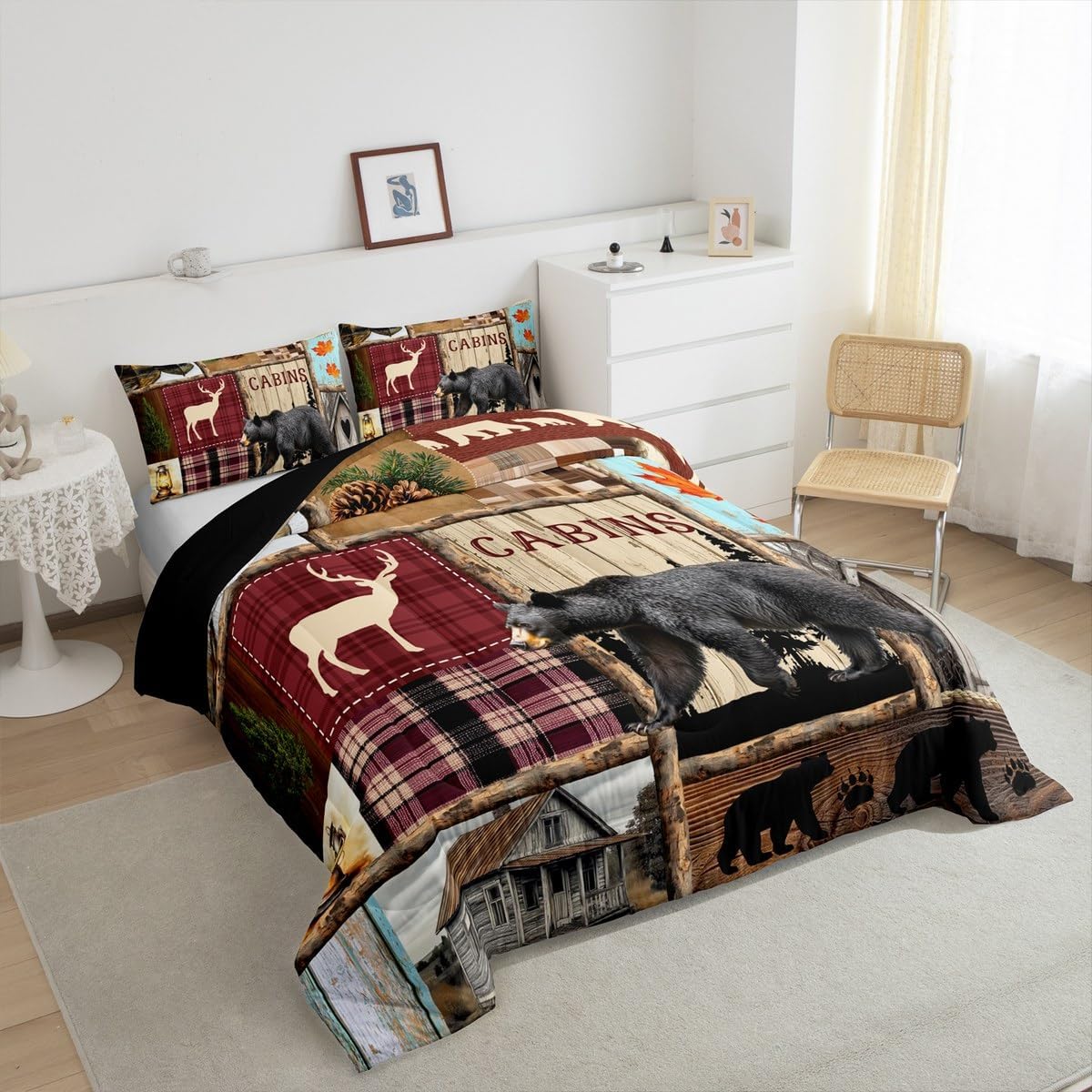 Feelyou Rustic Bear Bedding Set Queen Size Kids Cabin Deer Comforter Cover for Boys Girls Teens Country Farmhouse Wild Animal Duvet Cover Red Brown Breathable Soft Lightweight Microfiber