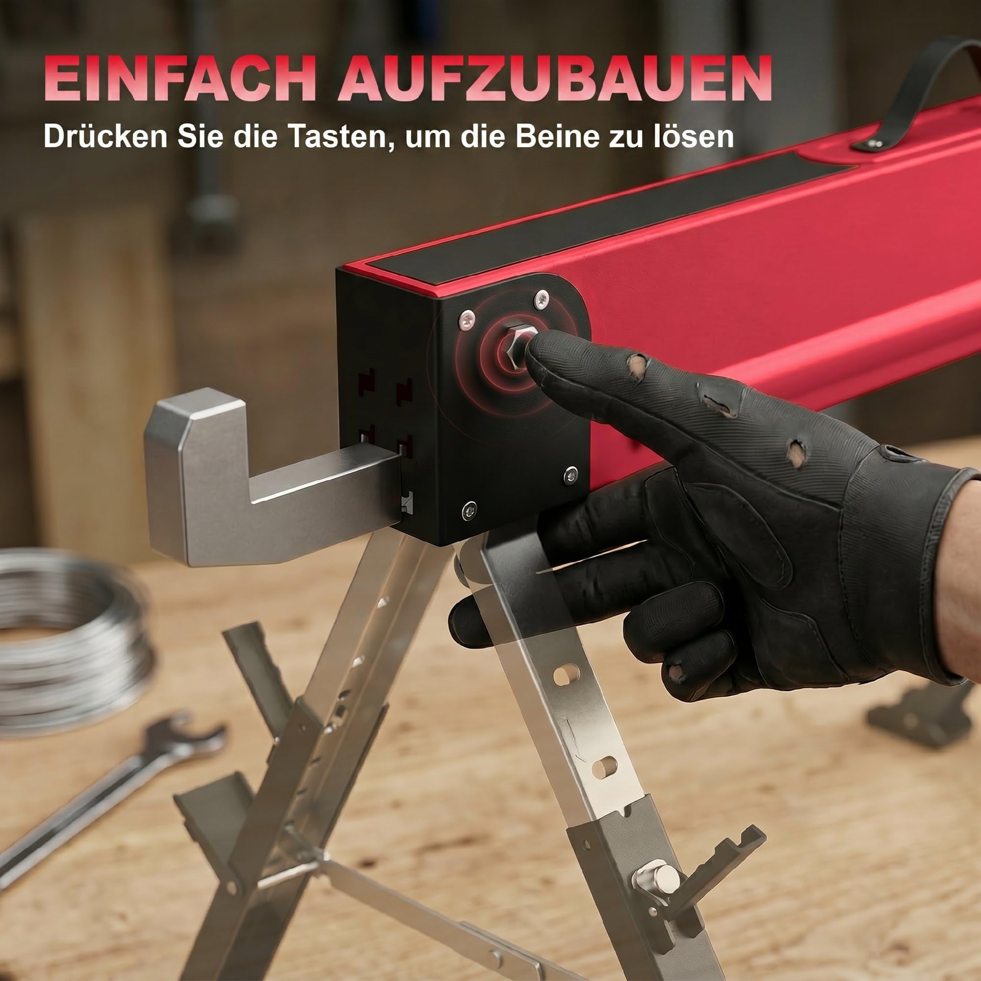 HOMCOM Arbeitsbock Gerüstbock 2er Set Höhenverstellbar 64-81 cm Rot | Belastbarkeit Bis 1160 kg, Klappbar, Sägebock, Metall, Unterstellbock Mit Griff, 7-Fach, Arbeitshöhe 640-810 mm