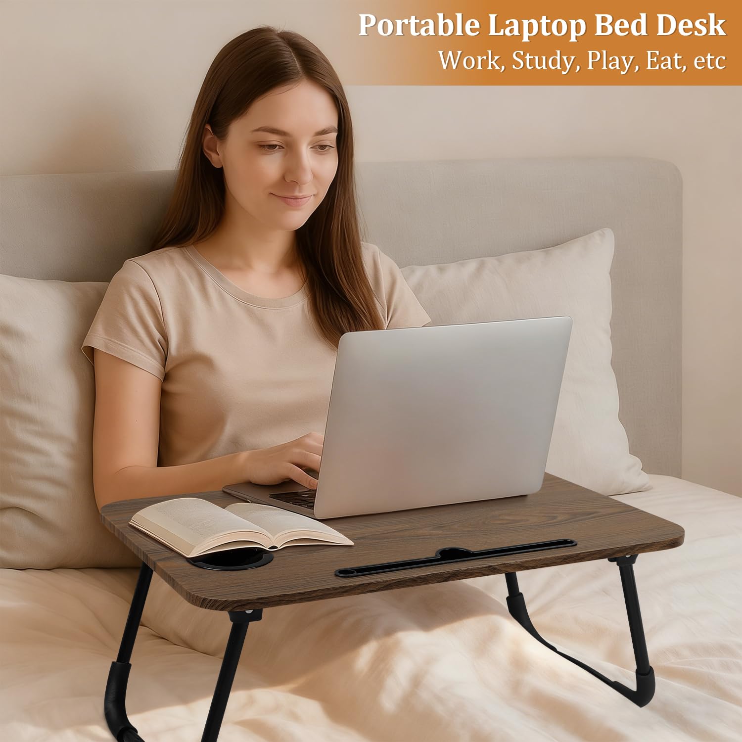 Escritorio plegable de madera portátil con soporte para tazas y ranura para tableta, escritorio plegable para laptop, sofá, escritorio de suelo para leer, escribir, comer, ver películas, marrón