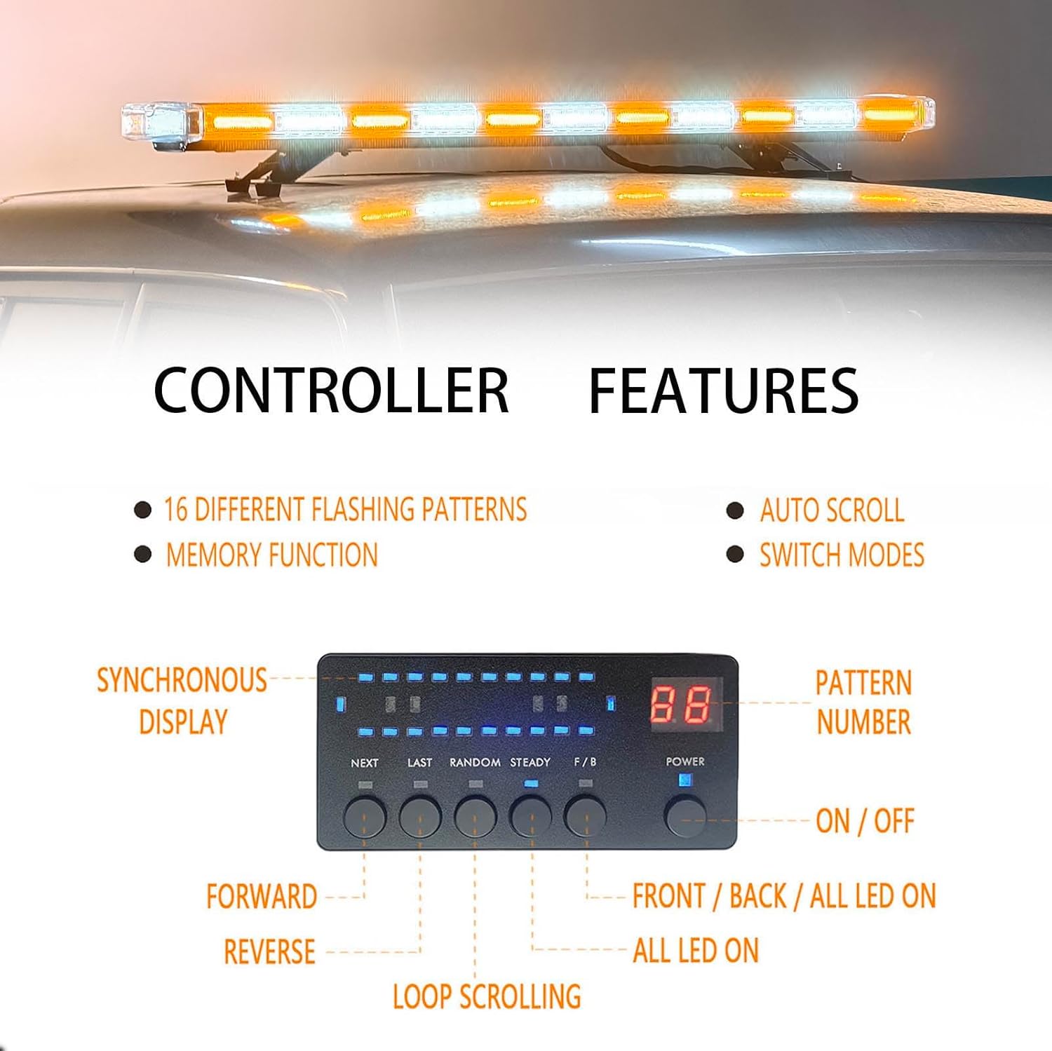 Amber White 47" 88W COB Light Box Amber Bar Light, Emergency Warning Flashing Bar Roof Enforcement Hazard Flashing