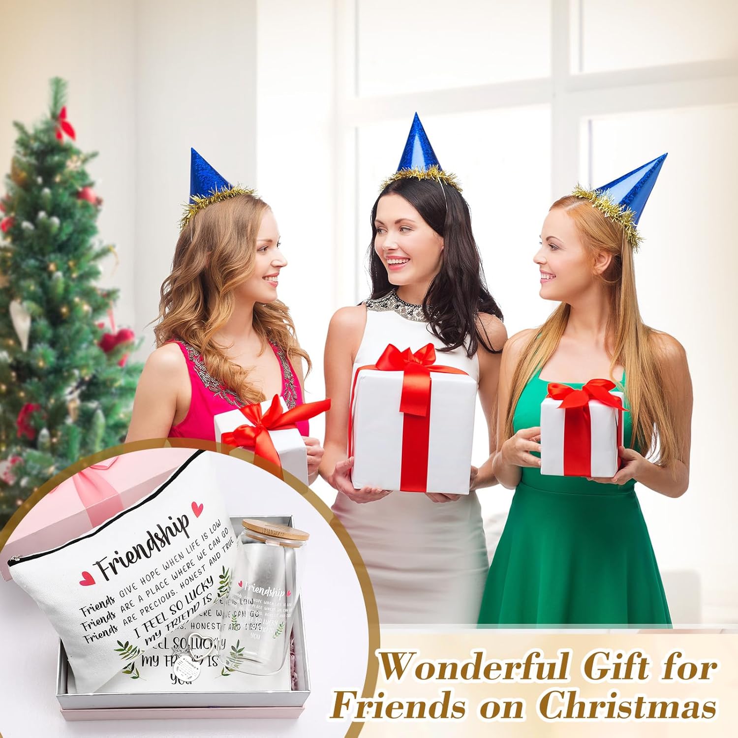 Friendship Gifts for Women 4 Set, Including 16 oz Glass Cups, Friends Makeup Bags and Keychains, Christmas Birthday Gifts for Coworker Sister Roommate(Classic) - Image 3