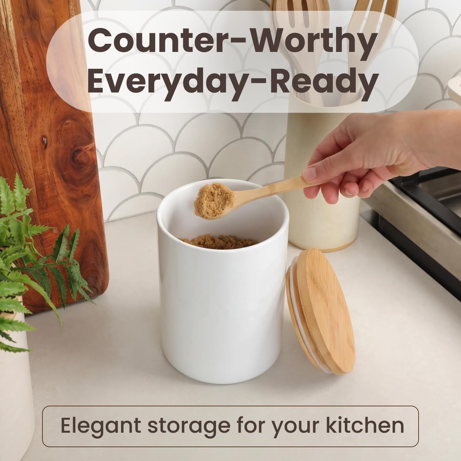 ARTHAUSEN Ceramic Storage Jar Canister - Airtight Bamboo Lid w/Silicone Seal - Modern Design for Kitchen Counter or Bathroom (White 1080mL) image 3