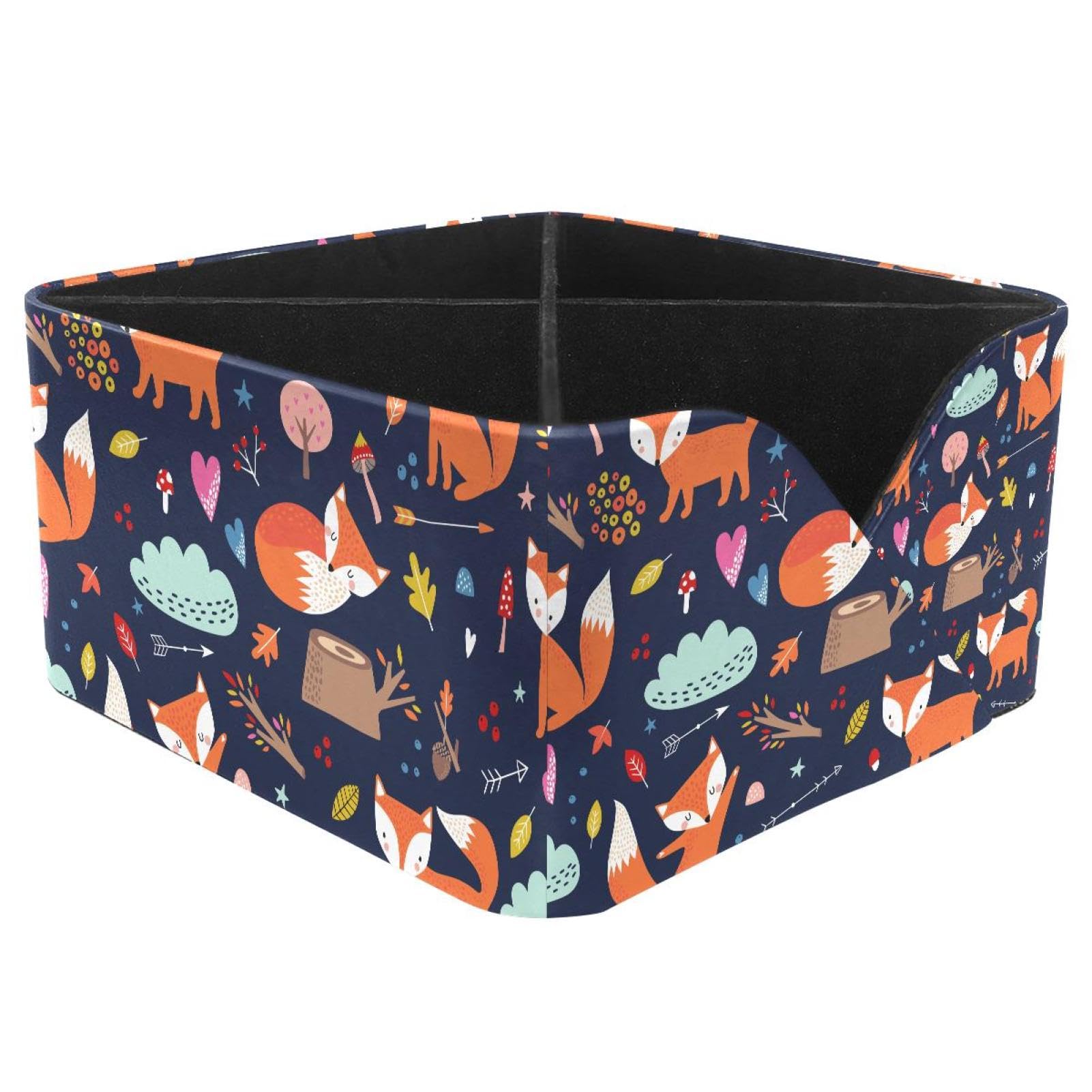 KengjuTesu Cartoon Fox Forest Heart Tree Pattern Desktop Organizer Pen Holder, Rectangular Pencil Cup for Office, Study and Makeup Stations